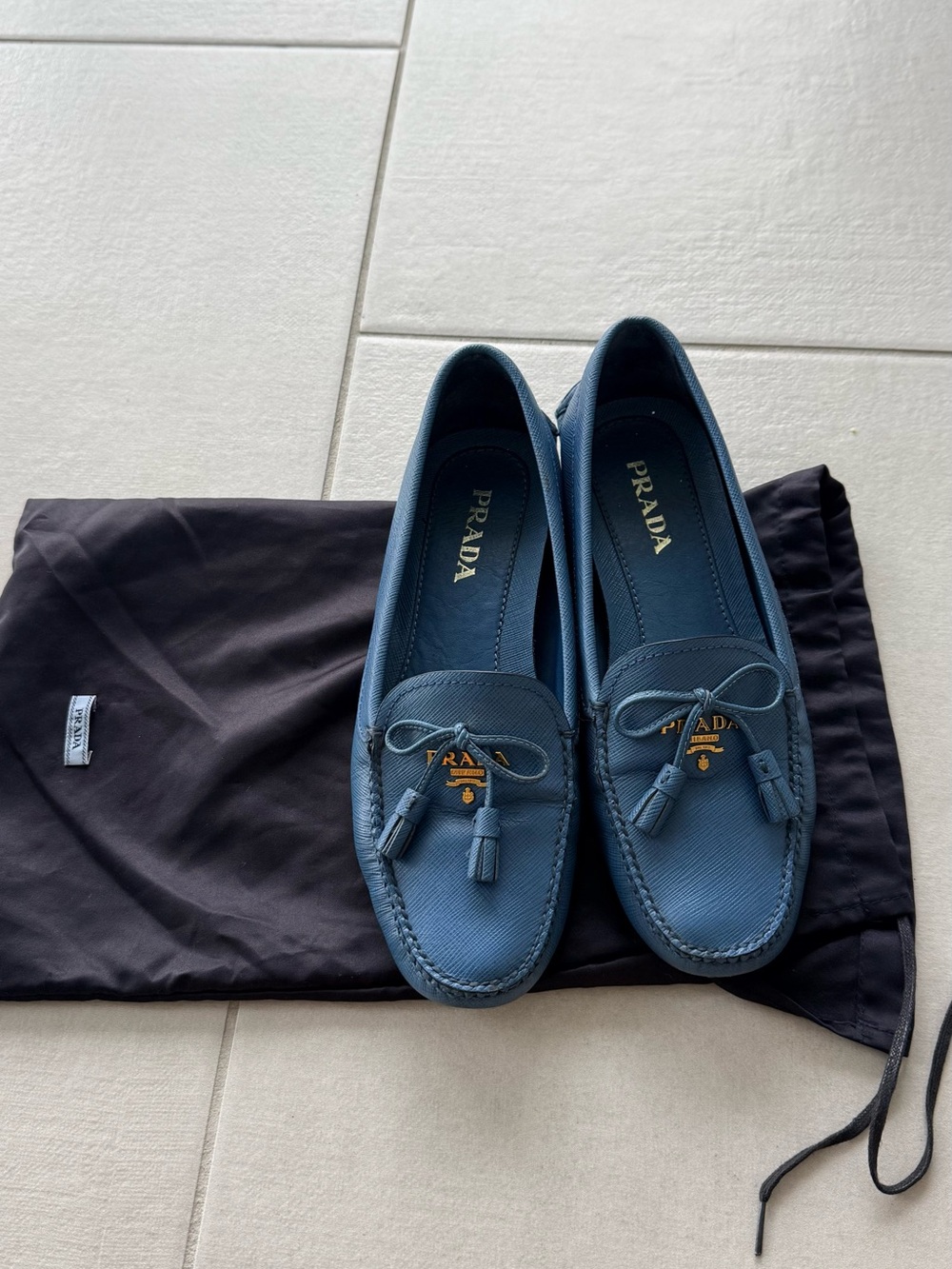 Prada women’s blue Saffiano tLeather Tassel Loafers 36 size (fits for 7.5 size)